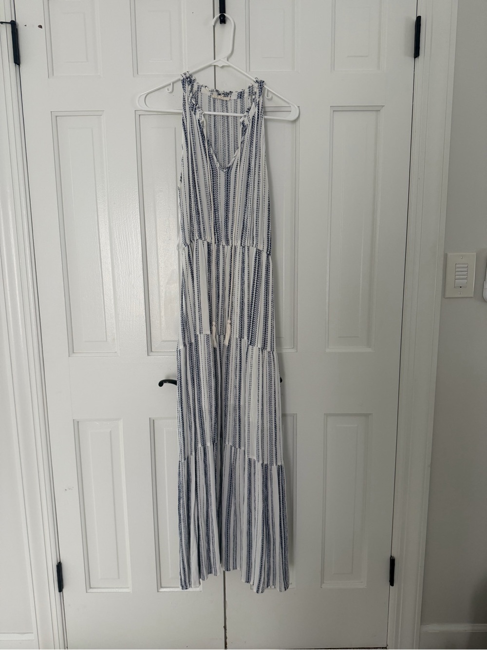 Gilli White and Navy Striped Halter Tiered Maxi Dress